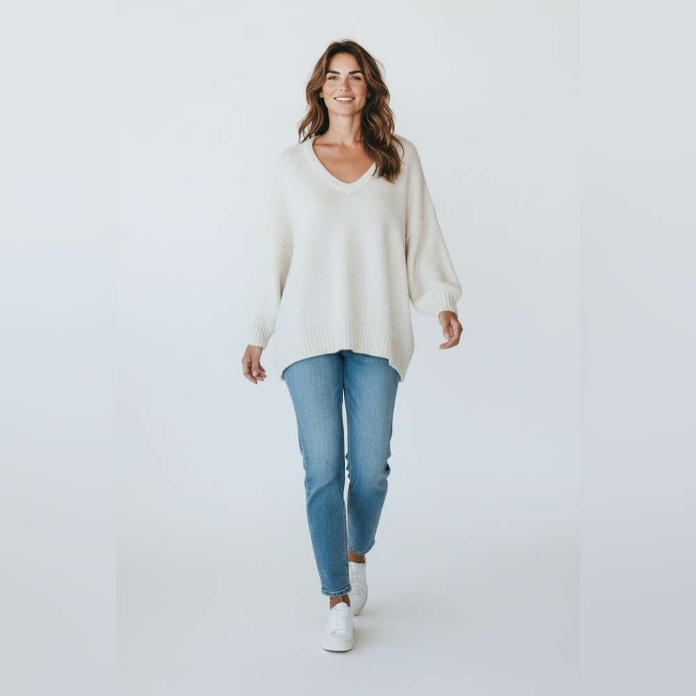Free People Cream V-Neck Chunky Knit Sweater - Picture 2 of 6